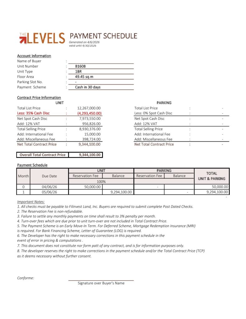 마닐라 알라방 THE LEVELS 콘도1베드R | 페이먼트 스케줄 안내 및 구매 가이드