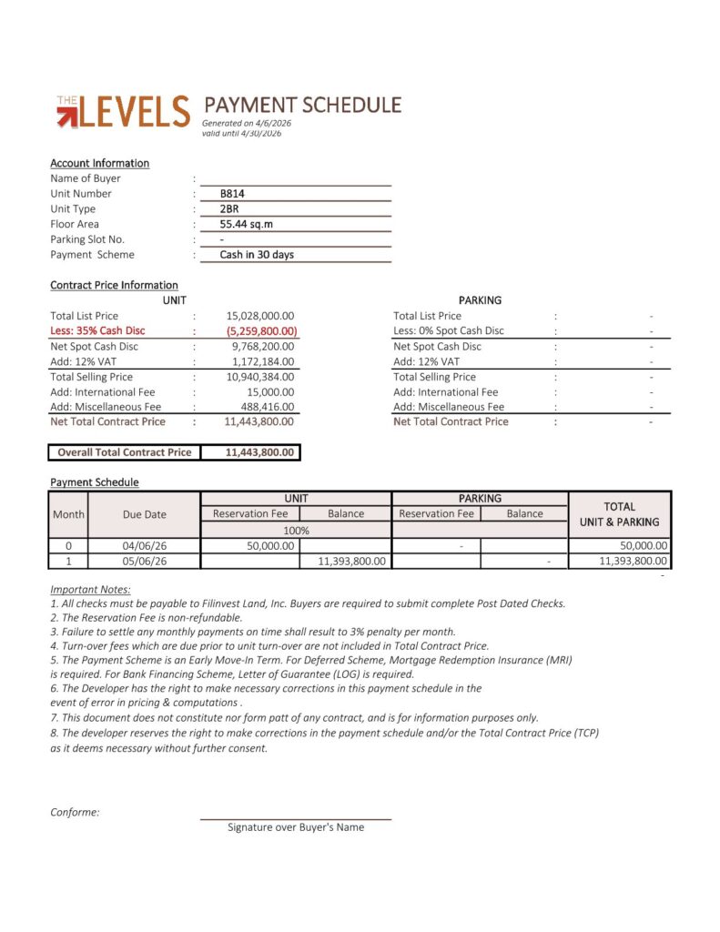 마닐라 알라방 THE LEVELS 콘도 2베드 | 페이먼트 스케줄 안내 및 구매 가이드