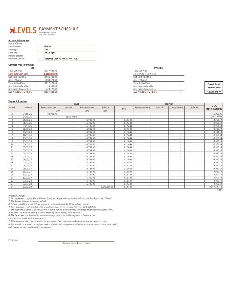 마닐라 알라방 THE LEVELS 콘도1베드R | 페이먼트 스케줄 안내 및 구매 가이드