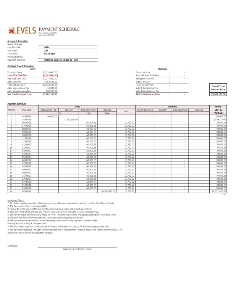 마닐라 알라방 THE LEVELS 콘도 2베드 | 페이먼트 스케줄 안내 및 구매 가이드