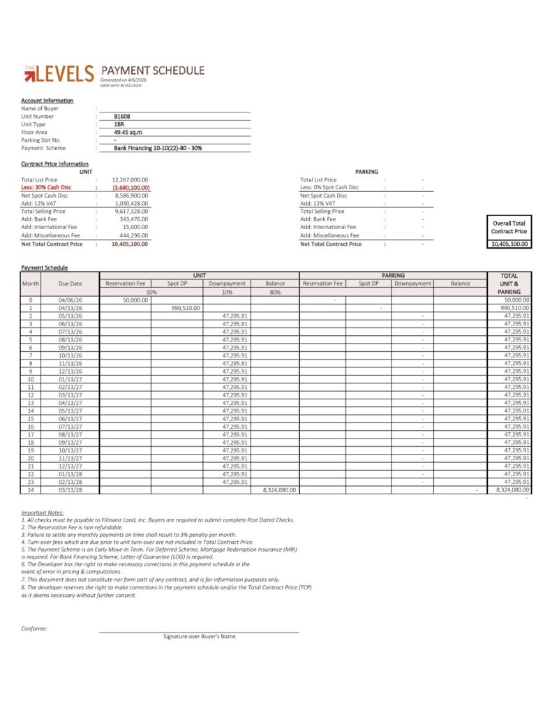 마닐라 알라방 THE LEVELS 콘도1베드R | 페이먼트 스케줄 안내 및 구매 가이드