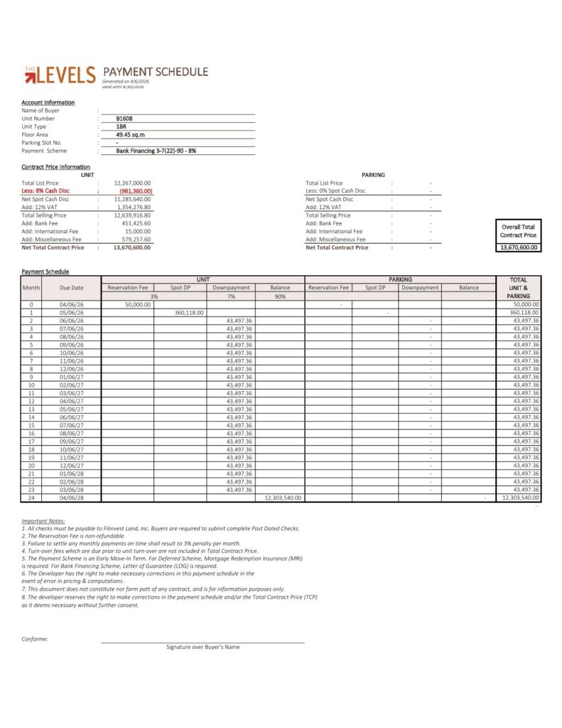마닐라 알라방 THE LEVELS 콘도1베드R | 페이먼트 스케줄 안내 및 구매 가이드